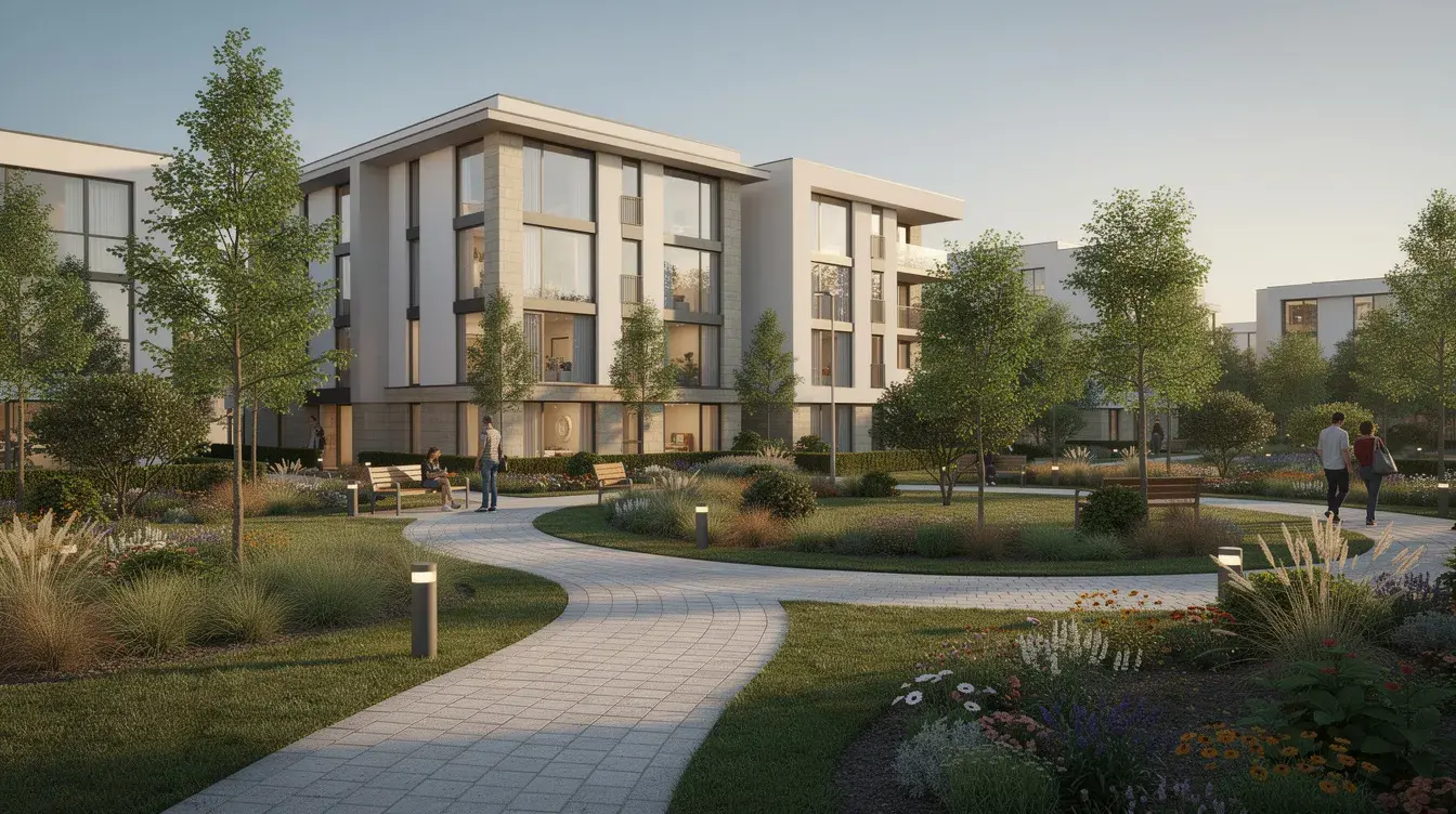 The image depicts a modern residential building nestled within beautifully landscaped gardens and walking paths, ideal for community living. This vibrant setting reflects the essence of Dubai's suburban lifestyle, offering residents easy access to essential amenities and green spaces while being strategically located near downtown Dubai and other key areas.