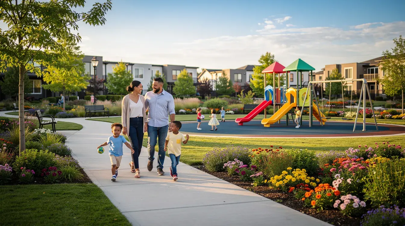 A family strolls through a beautifully landscaped community park, featuring a children's play area surrounded by lush green spaces. This scene highlights the essence of community living in areas like Jumeirah Village Circle, where families can enjoy lifestyle amenities and outdoor activities.