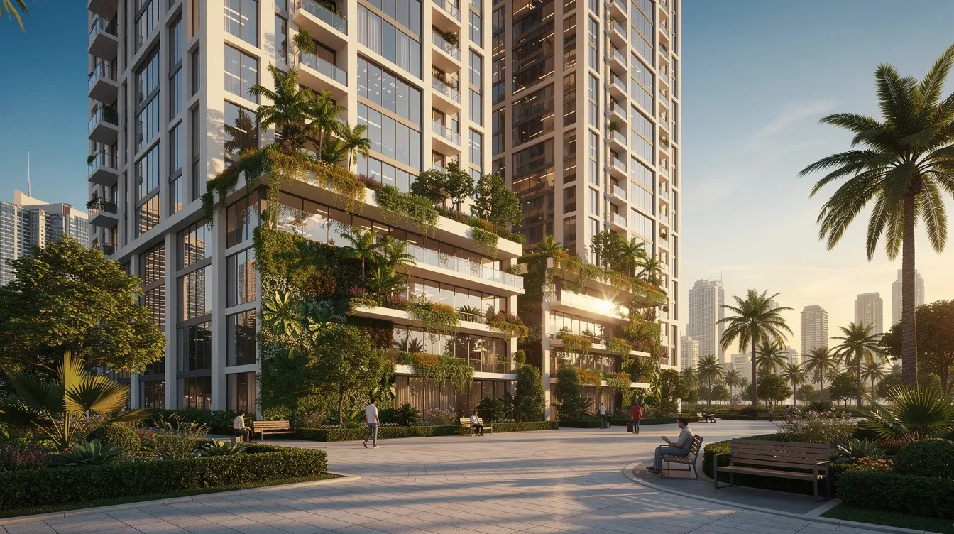 The image depicts a green shaded residential courtyard in Dubai, where families are leisurely walking and enjoying the outdoor space. This vibrant community setting highlights the appeal of Dubai's real estate market for families seeking a comfortable living environment.