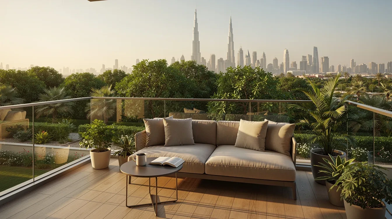 The image depicts a serene apartment balcony adorned with greenery, offering a stunning view of the Dubai skyline. This tranquil setting highlights the potential for real estate investment in Dubai, showcasing the city's strategic location and vibrant urban landscape.